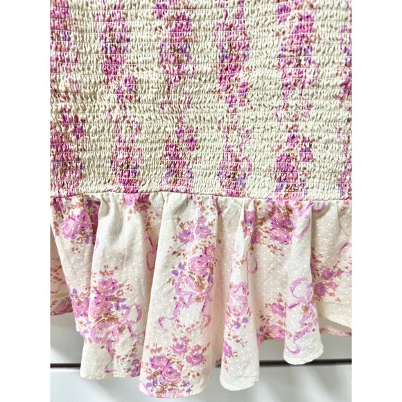 LoveShackFancy Floral Flutter Sleeve Compass Smocked Blouse Top Cream/Lilac S - Picture 8 of 8